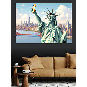 Özgürlük Heykeli Ve Şehir Dekoratif Kanvas - Mdf Ahşap Tablo 100x140 cm