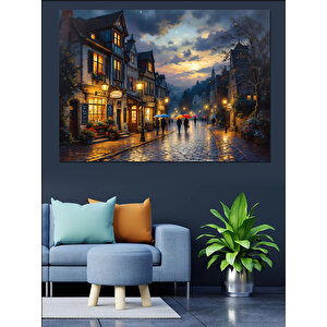 Gece Yağmur Altında Evler Dekoratif Kanvas - Mdf Ahşap Tablo 100x140 cm