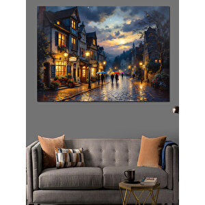 Gece Yağmur Altında Evler Dekoratif Kanvas - Mdf Ahşap Tablo 100x140 cm