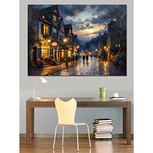 Gece Yağmur Altında Evler Dekoratif Kanvas - Mdf Ahşap Tablo 100x140 cm