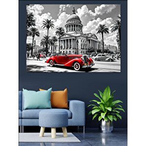 Kırmızı Klasik Araba Şehirde Dekoratif Kanvas - Mdf Ahşap Tablo 70x100 cm