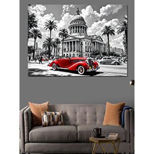 Kırmızı Klasik Araba Şehirde Dekoratif Kanvas - Mdf Ahşap Tablo 70x100 cm