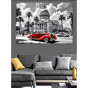 Kırmızı Klasik Araba Şehirde Dekoratif Kanvas - Mdf Ahşap Tablo