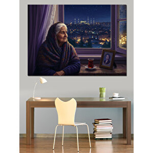 Pencerede Şehirli Yaşlı Kadın Dekoratif Kanvas - Mdf Ahşap Tablo 50x70 cm