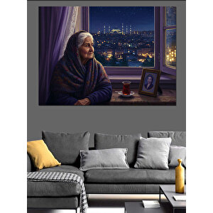 Pencerede Şehirli Yaşlı Kadın Dekoratif Kanvas - Mdf Ahşap Tablo 50x70 cm