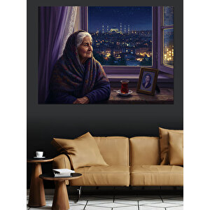 Pencerede Şehirli Yaşlı Kadın Dekoratif Kanvas - Mdf Ahşap Tablo 50x70 cm