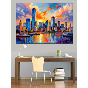 Renkli Gün Batımı Şehir Manzarası Dekoratif Kanvas - Mdf Ahşap Tablo 50x70 cm