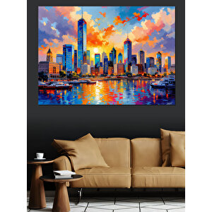 Renkli Gün Batımı Şehir Manzarası Dekoratif Kanvas - Mdf Ahşap Tablo 50x70 cm