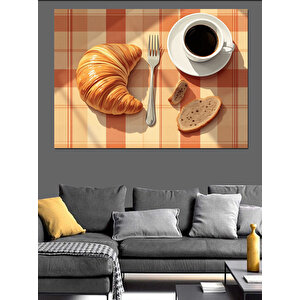 Kruvasan Ve Kahve Kahvaltısı Dekoratif Kanvas - Mdf Ahşap Tablo 50x70 cm