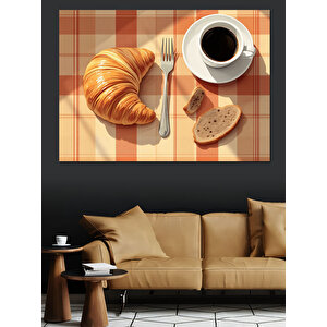 Kruvasan Ve Kahve Kahvaltısı Dekoratif Kanvas - Mdf Ahşap Tablo 50x70 cm