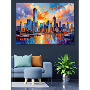 Renkli Gün Batımı Şehir Manzarası Dekoratif Kanvas - Mdf Ahşap Tablo