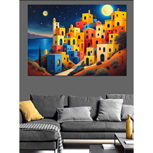 Gece Işıltılı Renkli Evler Dekoratif Kanvas - Mdf Ahşap Tablo 35x50 cm