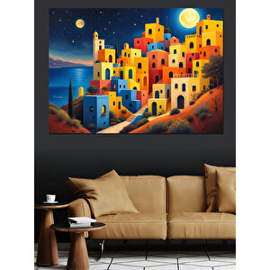 Gece Işıltılı Renkli Evler Dekoratif Kanvas - Mdf Ahşap Tablo 35x50 cm