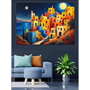 Gece Işıltılı Renkli Evler Dekoratif Kanvas - Mdf Ahşap Tablo 35x50 cm