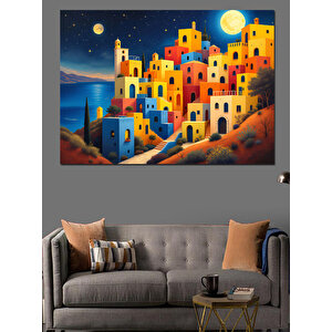 Gece Işıltılı Renkli Evler Dekoratif Kanvas - Mdf Ahşap Tablo