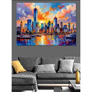 Renkli Gün Batımı Şehir Manzarası Dekoratif Kanvas - Mdf Ahşap Tablo 70x100 cm