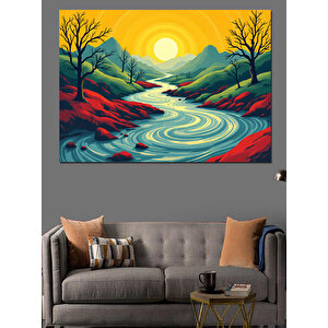 Renkli Nehir Manzarası Dekoratif Kanvas - Mdf Ahşap Tablo 70x100 cm