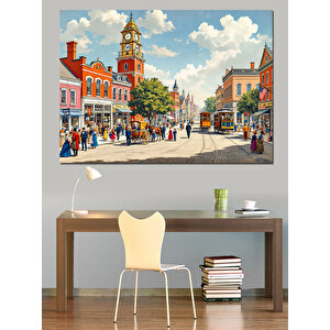 Renkli Şehir Meydanı Dekoratif Kanvas - Mdf Ahşap Tablo 35x50 cm