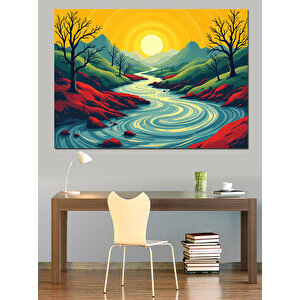 Renkli Nehir Manzarası Dekoratif Kanvas - Mdf Ahşap Tablo 100x140 cm
