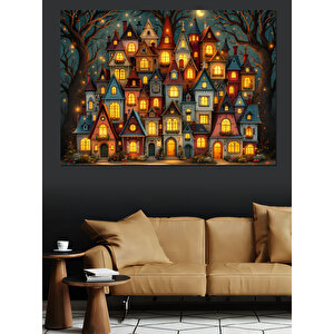 Masalsı Işıklı Evler Dekoratif Kanvas - Mdf Ahşap Tablo 50x70 cm