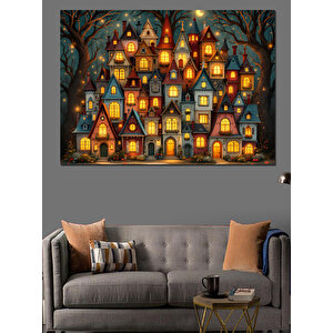 Masalsı Işıklı Evler Dekoratif Kanvas - Mdf Ahşap Tablo