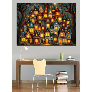 Masalsı Işıklı Evler Dekoratif Kanvas - Mdf Ahşap Tablo