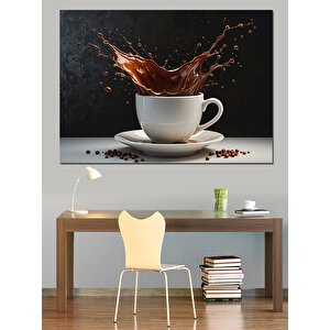 Kahve Sıçramalı Beyaz Fincan Dekoratif Kanvas - Mdf Ahşap Tablo 100x140 cm