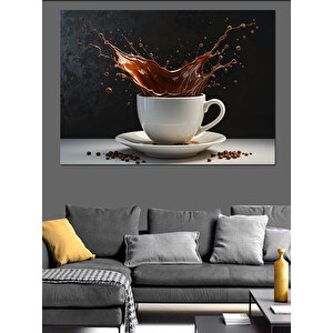 Kahve Sıçramalı Beyaz Fincan Dekoratif Kanvas - Mdf Ahşap Tablo 100x140 cm