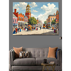 Renkli Şehir Meydanı Dekoratif Kanvas - Mdf Ahşap Tablo 100x140 cm