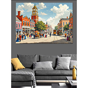 Renkli Şehir Meydanı Dekoratif Kanvas - Mdf Ahşap Tablo 100x140 cm