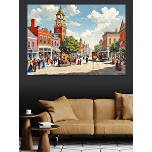 Renkli Şehir Meydanı Dekoratif Kanvas - Mdf Ahşap Tablo