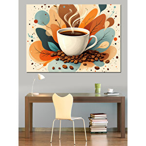 Kremli Kahve Çizimi Dekoratif Kanvas - Mdf Ahşap Tablo