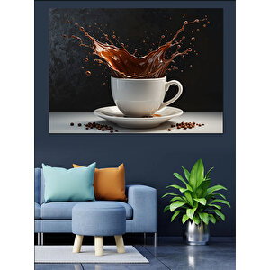 Kahve Sıçramalı Beyaz Fincan Dekoratif Kanvas - Mdf Ahşap Tablo