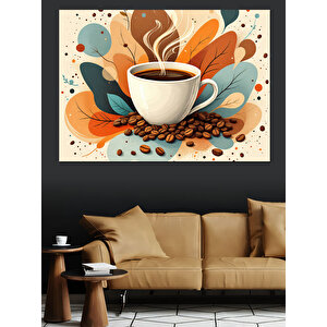 Kremli Kahve Çizimi Dekoratif Kanvas - Mdf Ahşap Tablo 100x140 cm