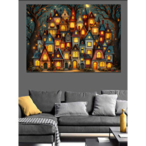 Masalsı Işıklı Evler Dekoratif Kanvas - Mdf Ahşap Tablo 70x100 cm