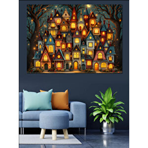 Masalsı Işıklı Evler Dekoratif Kanvas - Mdf Ahşap Tablo 70x100 cm