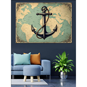 Dünya Haritası Üzerinde Çapa Dekoratif Kanvas - Mdf Ahşap Tablo 70x100 cm