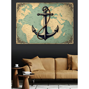 Dünya Haritası Üzerinde Çapa Dekoratif Kanvas - Mdf Ahşap Tablo