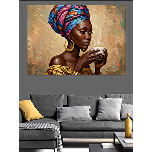 Kahve İçen Afrikalı Kadın Dekoratif Kanvas - Mdf Ahşap Tablo