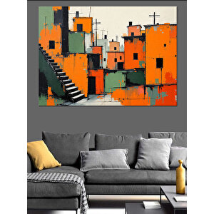 Soyut Turuncu Şehir Dekoratif Kanvas - Mdf Ahşap Tablo