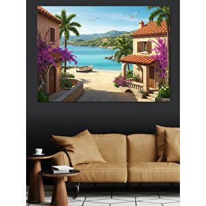 Deniz Kenarında Renkli Evler Dekoratif Kanvas - Mdf Ahşap Tablo 35x50 cm