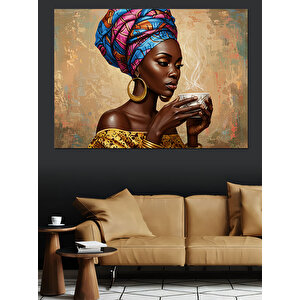 Kahve İçen Afrikalı Kadın Dekoratif Kanvas - Mdf Ahşap Tablo 70x100 cm