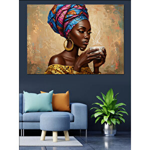 Kahve İçen Afrikalı Kadın Dekoratif Kanvas - Mdf Ahşap Tablo 70x100 cm