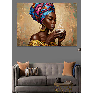 Kahve İçen Afrikalı Kadın Dekoratif Kanvas - Mdf Ahşap Tablo 70x100 cm