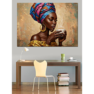 Kahve İçen Afrikalı Kadın Dekoratif Kanvas - Mdf Ahşap Tablo