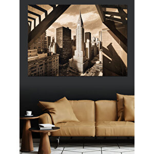 Sepya Tonlu Şehir Manzarası Dekoratif Kanvas - Mdf Ahşap Tablo 100x140 cm