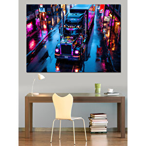 Neon Işıklar Ve Gece Şehri Dekoratif Kanvas - Mdf Ahşap Tablo