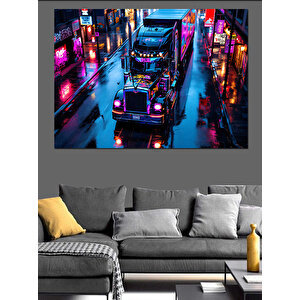 Neon Işıklar Ve Gece Şehri Dekoratif Kanvas - Mdf Ahşap Tablo