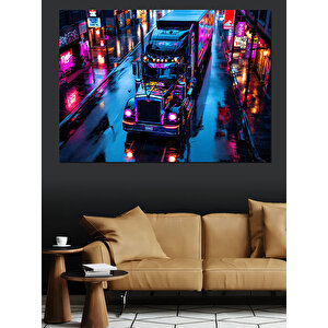 Neon Işıklar Ve Gece Şehri Dekoratif Kanvas - Mdf Ahşap Tablo 35x50 cm