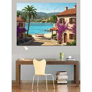 Tropik Sahilde Renkli Evler Dekoratif Kanvas - Mdf Ahşap Tablo